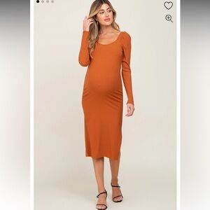 Pink Blush SugarLips Orange Camel Ribbed Long Puff Sleeve Maternity Midi Dress